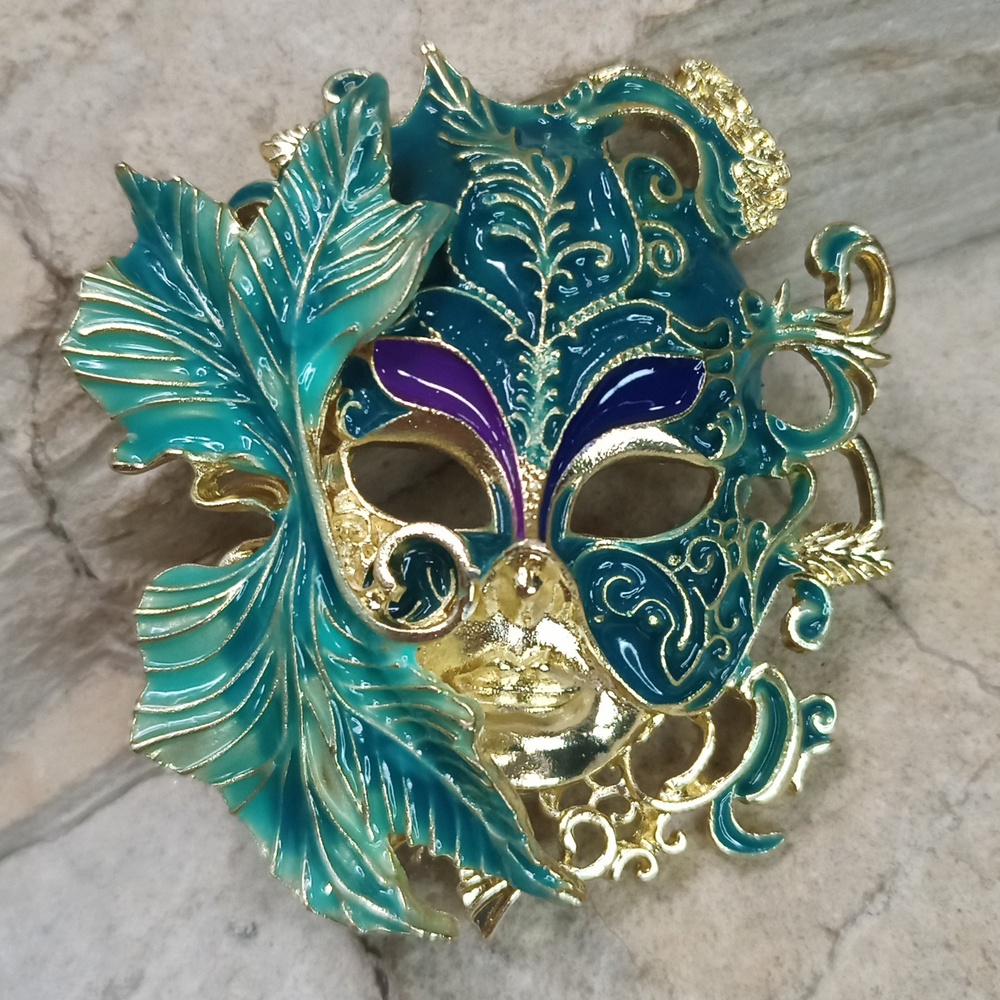 Turquoise And Purple Enamel Mask Brooch Pendant